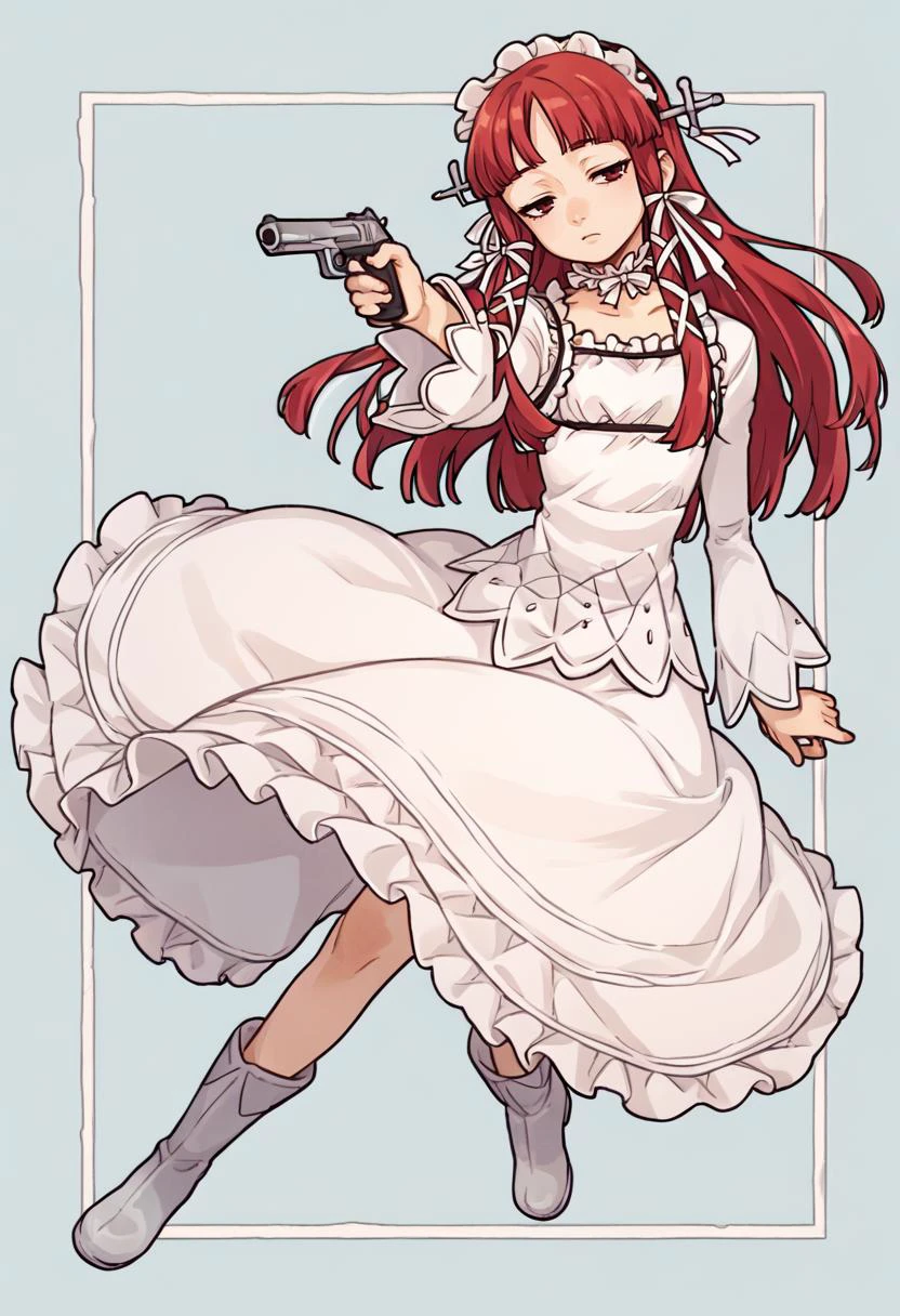 score_9, score_8_up, score_7_up, source_anime, full body, 1girl, looking at viewer, half-closed eyes, <lora:persona3_yoshino_ponyXL:shino chidori, hair ribbon, hairband, frills, white dress, ribbon, frilled choker, boots, holding handgun, blue background