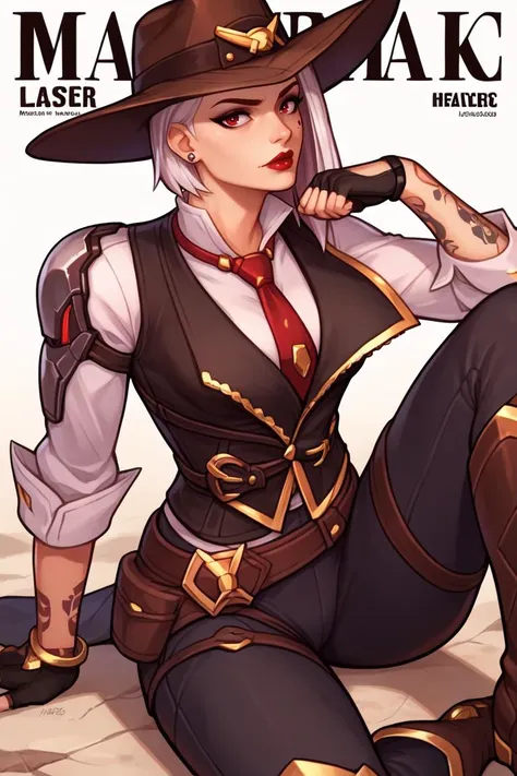 score_9, score_8_up, score_7_up, BREAK, 1girl, solo, <lora:asheow-guy-PONYv1:1>, asheow, makeup, hat, red eyes, lipstick, tattoo, necktie, cowboy hat, white shirt, jewelry, earrings, black vest, fingerless gloves, black pants, belt, boots, breasts, magazine cover,