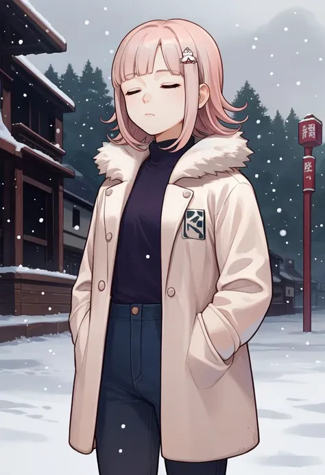 score_9, score_8_up, score_7_up, source_anime, solo, 1girl, nanami chiaki, expressionless, looking up, standing, hairclip, closed eyes, winter clothes, fur-trimmed coat, pants, snowing, outdoors <lora:danganronpa2_nanami_ponyXL:1>