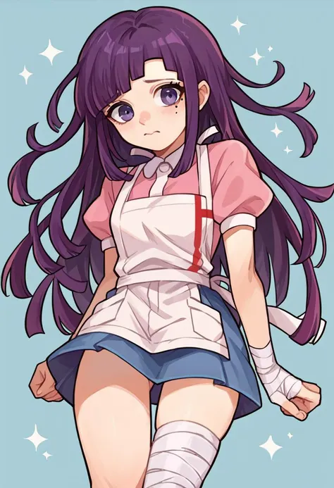 score_9, score_8_up, score_7_up, source_anime, cute, thigh up, 1girl, <lora:danganronpa2_tsumiki_ponyXL:1> tsumiki mikan, mole under eye, purple hair, pink shirt, puffy short sleeves, white apron, blue skirt, bandaged leg, bandaged arm, blue background