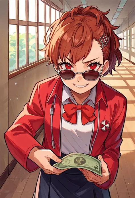 score_9, score_8_up, score_7_up, source_anime, 1girl, looking at viewer, smug, smirk, <lora:persona3_shiomi_ponyXL:1> shiomi kotone, hairclip, sunglasses, jacket, red bow, holding money and polaroid, hallway, classroom window