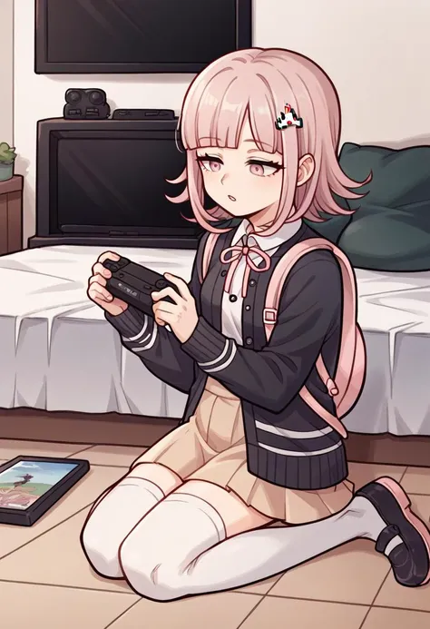 score_9, score_8_up, score_7_up, score_6_up, source_anime, 1girl, kneeling, on bed, half-closed eyes, parted lips, holding portable game console, <lora:danganronpa2_nanami_ponyXL:1> nanami chiaki, hairclip, black jacket, long sleeves, two-tone shirt, neck ribbon, brown skirt, thighhighs, backpack, shoes, bedroom, cd cases and dvd cases on floor, television, game console