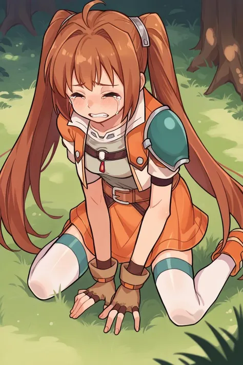 score_9, score_8_up, source_7_up, source_anime, BREAK 1girl <lora:estelle-pdxl-nvwls-v1:1> scEstelle, twintails, cropped jacket, orange and white jacket, green shoulder pad, tan shirt, orange skirt, belt, white thighhighs, brown gloves, orange boots, kneeling, looking down, closed eyes, crying, tears, sad, clenched teeth, forest, grass, mist