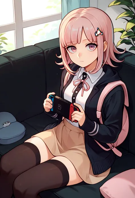 score_9, score_8_up, score_7_up, solo, 1girl, nanami chiaki, expressionless, looking at viewer, sitting, couch, holding handheld game console, nintendo switch, hairclip, black jacket, long sleeves, two-tone shirt, neck ribbon, brown skirt, thighhighs, backpack, indoors <lora:danganronpa2_nanami_ponyXL:1>