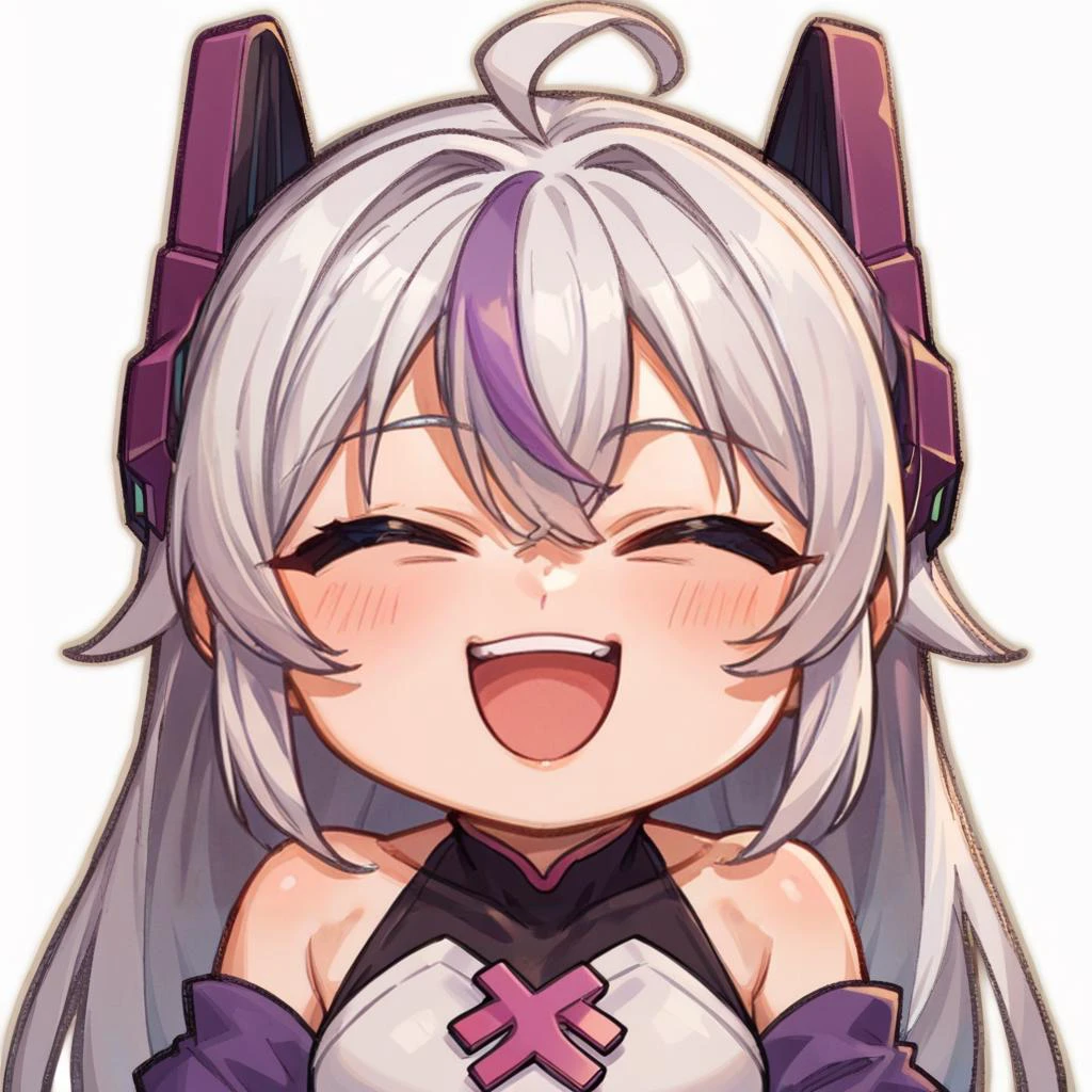 score_9, score_8_up, score_7_up, score_6_up, score_5_up, score_4_up, BREAK source_anime,1girl,solo,((chibi,sticker,white background,simple background,thick lines)), (90s anime style)
<lora:MeinaXL:1> meina,white hair,long hair bare shoulders, headgear, detached sleeves, collarbone, virtual youtuber,(laughing)