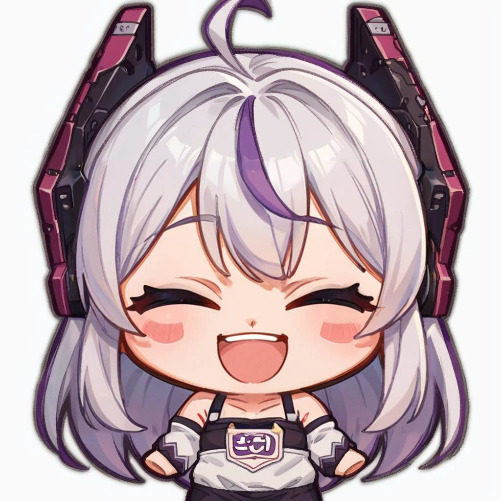 score_9, score_8_up, score_7_up, score_6_up, score_5_up, score_4_up, BREAK source_anime,1girl,solo,(((chibi,sticker,white background,simple background,thick lines))), (90s anime style)
<lora:MeinaXL:1> meina,white hair,long hair bare shoulders, headgear, detached sleeves, collarbone, virtual youtuber,(laughing)