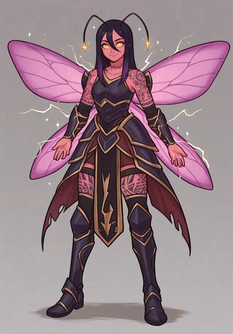 full body, looking at viewer, fantasy :: solo, (pink skin:1.1), (firefly), (antennae), strong, muscular, monster girl, arthropod girl, insect wings, small bust, sorceress, (electrokinesis:1.2), lightning magic, electricity, magic fireflies, sparkles, standing :: (glowing tattoos:1.2), (tattoo sleeve), (arm tattoos), hand tattoos, facial tattoos, neck tattoos, ruin tattoos, tattoos :: friendly, happy, cheerful, false smile, closed mouth :: wearing (armored dress), black armor, armored legwear, armored boots, black boots :: dark purple hair, black colored tips, long hair, straight hair, thick hair, hair over shoulder, hair between eyes :: light yellow eyes, yellow sclera, yellow pupils, (glowing eyes), slit pupils :: sidelighting, perfect shadows, perfect shading :: simple background, plain background