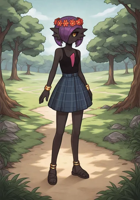 fantasy forest village, grass, meadow :: full body, solo, looking at viewer, (gardevoir), (black skin:1.2), (black sclera), hawaiian goth, small chest, standing :: friendly, gentle, slight smile, kind :: wearing casual clothes, black top, (sleeveless), dark (flower crown), midi skirt, dark blue skirt, plaid skirt, gold anklets, gold bracelets, sandals :: dark purple hair, medium hair, textured hair, hair covering one eye, rounded bangs :: golden eye, yellow eye, gorgeous eye, reflective eyes, tsurime :: natural lighting, perfect lighting, perfect white balance, ray tracing, sidelighting, bloom :: perfect shadows, perfect shading