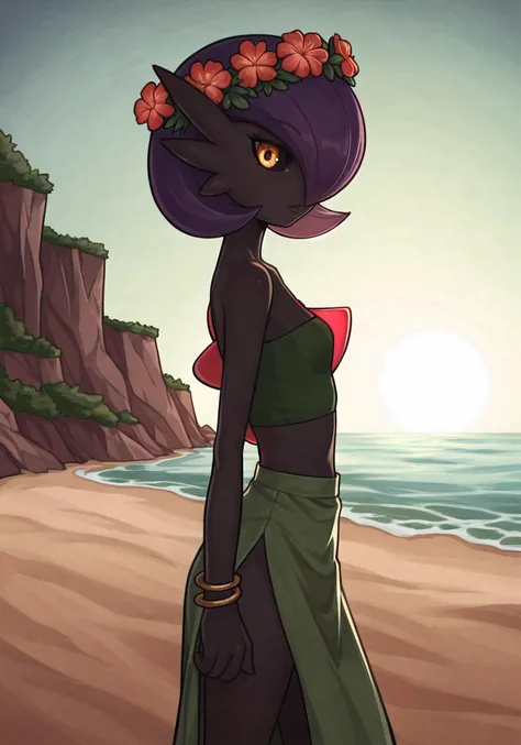 prehistoric beach, straw cottage, outside :: upper body, side profile, solo, looking at viewer, (gardevoir), (black skin:1.2), (black sclera), hawaiian goth, small chest, standing :: friendly, neutral expression :: wearing (dark green clothes), dark green crop top, off-the-shoulder, sleeveless, strapless, dark green midi skirt, side slit, dark flower crown, anklet :: dark purple hair, medium hair, textured hair, hair covering one eye, rounded bangs :: golden eye, yellow eye, gorgeous eye, reflective eyes, tsurime :: natural lighting, perfect lighting, perfect white balance, ray tracing, sidelighting, bloom :: perfect shadows, perfect shading