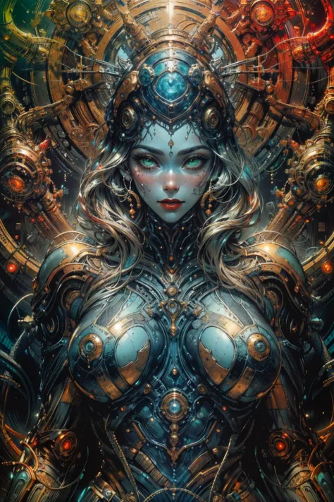 (masterpiece:1.3),(photorealistic,ultra-realistic,best quality:1.2),(Cinematic light contrast),(soft lighting,saturated colors,soft shadows, sharp),(neat,extremely detailed,CG,unity,8k,wallpaper),(Volume light,light particles:0.8),ray_tracing,film grain,
(anatomically correct:0.8),(skin texture,flawless skin,sweaty skin,shiny skin),1girl,(huge breasts,sagging breasts),cleavage(makeup,lipstick,mascara,blush,eyeshadow),Mystery smile,carefully cut hairstyle,(beautiful detailed face:1.2),
(athletic body,hourglass figure,mature female:1.2),(RAW photo:1.3),
((dark hair,green eyes,leather top,detached sleeves,leather skirt,belts,boots)),(Bullet Witch),<lora:WiredTech:0.4>,((WIREDTECH,SCIFI,DETAILED,WIRE)),<lora:cultiste:0.8>,<lora:Godsingoldver2:0.8>,GOLDEN,<lora:detail_slider_v4:0.5>,more detail,