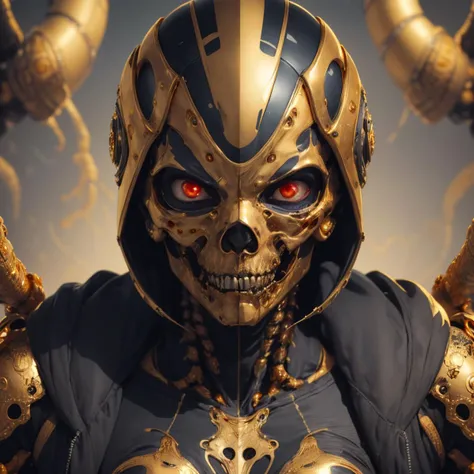 award winning portrait photo of a female rogue assassin, wearing biomechanical techwear armor made of human bones, golden <lora:goldenv2:1>