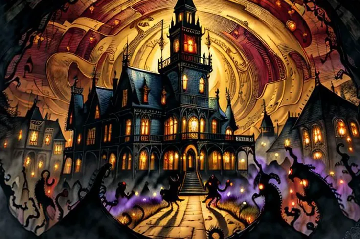 A riotous orgy of undead witches at the strange high house on the hill, creepy, erotic, hedonistic, wine, victorian, gothic, clock tower, moonlight, shocking, shadowy but colorful, a masterpiece, intricate and detailed, 8k, ((((high quality)))), golden, junji ito style