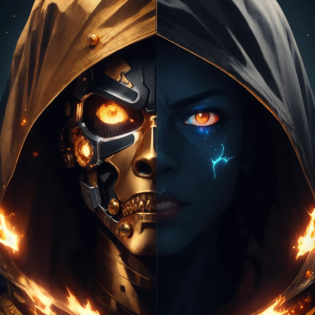 high detail RAW color Photo of warhammer40 space marine pointed chin, feminine, large eyes, cape, realistic, symmetrical, highly detailed, harsh lighting, cinematic lighting, art by artgerm and greg rutkowski and alphonse mucha, ((tornado, sparks, embers)) quad tails, serious eyes, contrast, textured skin, cold skin pores, 45 degree, hard light, gigapixel, feet visible, flawless face, freckles, 8k resolution, beautiful, cinematic, elegant, hyperrealistic, octane render, unreal, high definition, 8k resolution, highly detailed, photo taken with Sony a7R camera, DSLR lens, golden <lora:goldenv2:1>