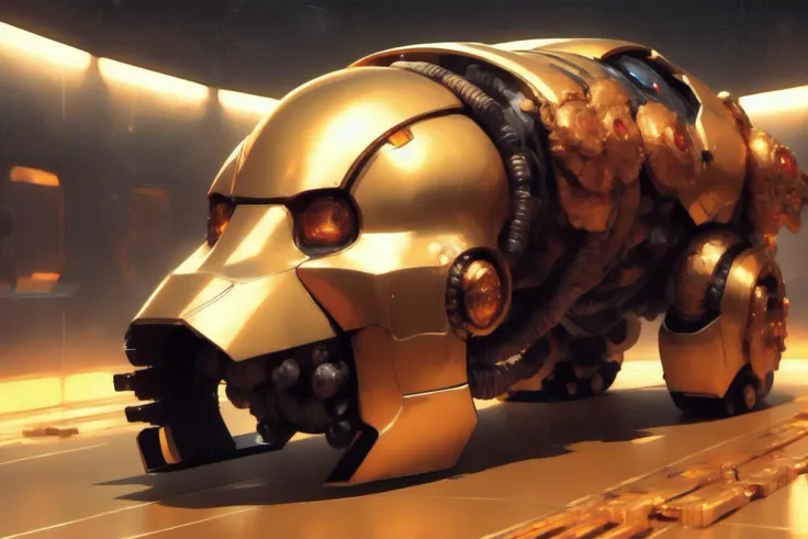 [dog:robot: , 0.5], mecha, high quality, best quality, 4k, 3drender, hard surface <lora:Hardsurfacev1:1>, golden  <lora:Godsingoldver2:1>