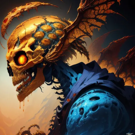 expressionist abstract style abstract expressionist painting skull, no humans, gradient, gradient background, wings, shadow, flower, leaf, solo, teeth, looking at viewer, open mouth, skeleton, plant, head wings, full body, simple background, feathered wings, bone, animal skull, blue background, watermark, glowing, fangs , energetic brushwork, bold colors, abstract forms, expressive, emotional, non-representational, colors and shapes, expression of feelings, imaginative, highly detailed, raw, emotional, dynamic, distortion for emotional effect, vibrant, use of unusual colors, detailed, golden <lora:goldenv2:1>