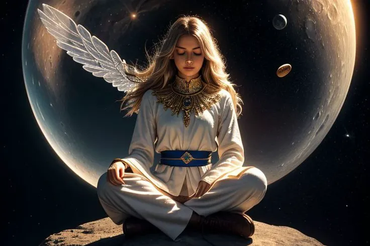 (absurdres, highres, ultra detailed), realistic style, 8k, exposure blend, medium shot, bokeh, high contrast, low saturation, 3d render, cgi, symetrical, octane render, 35mm,
1 beautiful girl, platinum blonde, solo, full body, looking away, detailed background, milky way, nebula, moon, sun, monk clothes, flowing sash, prayer beads, symmetrical, legs crossed, lotus position, levitating, meditating, hovering in the air, up in the air, mid-air, glowing halo, silver star constellations in background, backlighting, ethereal atmosphere, long hair, auburn hair, coral eyes, bangs, long sleeves, finely detailed eyes and detailed face, extremely detailed CG unity 8k wallpaper, intricate details, (style-swirlmagic:1.0), looking at viewer, solo, upper body, detailed background, close up, detailed face, (gothic dark ages theme:1.1), crystal sorcerer, dynamic pose, earth themed clothes, boots, crystal halo, floating in the air, glowing magical shards, surrounded by blue magical crystals, cosmic space, orbital, , stalactites, magical floating particles, crystal glass, crystal sphere, sun background, (shallow water:0.7), epic ethereal atmosphere, updraft,, portrait