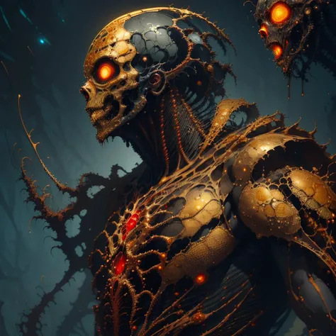 Mycelium zombie in dark fantasy style, detailed image, attacks from the dark, covered in mycelium, sprouting mycelium, high detail, otherworldly horror, dark colors, double exposure, ink, acrylic, 2d, high detail, sharp focus, attention to detail, masterpiece, professional work, atmosphere of horror and nightmare, dark art of Zdzislaw Beksinski, sf, intricate artwork masterpiece, ominous, matte painting poster, golden ratio, trending on cgsociety, intricate, epic, trending on artstation, by artgerm, h. r. giger and beksinski, highly detailed, vibrant, production cinematic character render, ultra high quality, golden <lora:goldenv2:1>