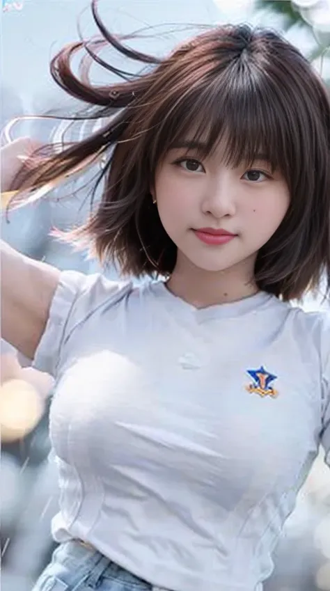 <lora:Qunqun:1>,best quality, photorealistic, masterpiece, 8k, high res, solo, 1girl, (((woman))), (medium breast), ((looking at the viewer)), (looking at the camera), (medium hair), (professional lighting, bokeh),top angle view, extremely detailed face, fashionable and trendy atmosphere, japan, roof top, ((daytime)), (t shirt :1.5), uniform, (portrait:0.6), seductive smile, gorgeous, floating hair, (light particles, lens flare, glowing particles:0.6), (dynamic pose:1.2), soft lighting, black hair, standing, oblong_face