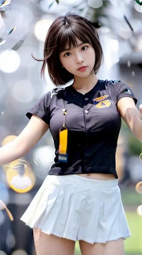 <lora:Qunqun:1>,best quality, photorealistic, masterpiece, 8k, high res, solo, 1girl, (((woman))), (medium breast), ((looking at the viewer)), (looking at the camera), (medium hair), (professional lighting, bokeh),top angle view, extremely detailed face, fashionable and trendy atmosphere, japan, roof top, ((daytime)), (t shirt :1.5), uniform, (portrait:0.6), seductive smile, gorgeous, floating hair, (light particles, lens flare, glowing particles:0.6), (dynamic pose:1.2), soft lighting, black hair, standing, oblong_face