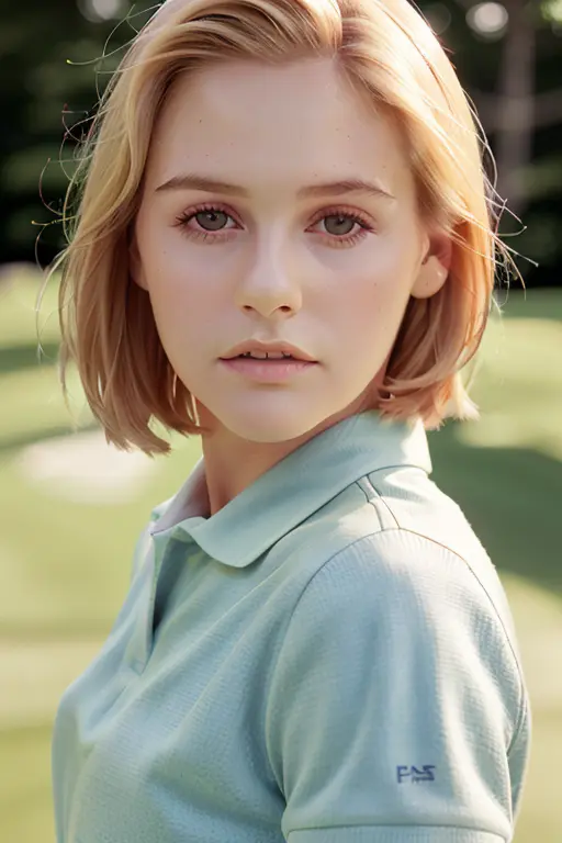 close up of a young woman in a pastel polo teeshirt <lora:al1c14s1lv3rst0n3:1>, ((on the golf course)), short blonde hair, sunny day, RAW, 8K, highly detailed face, stunningly beautiful, (candid, amateur), natural skin, stunning eyes, smiling:0.8 , cinematic lighting