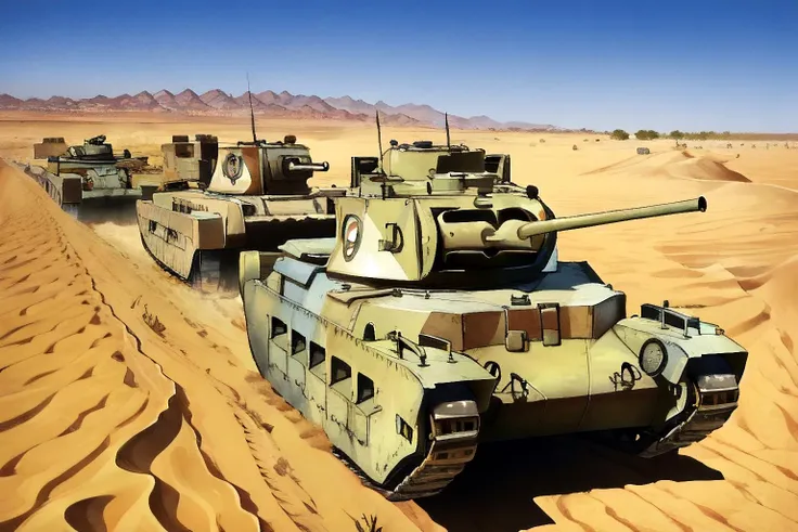 a kngtgrtnk tank is driving through the north african desert along a coastal road passing camel drivers and a small oasis, ((pulp_comic, heavy_lines, hand_drawn, hand_inked, hand_colored, apxlz))