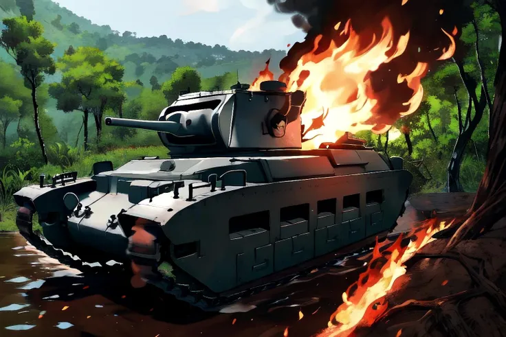 matilda tank, tank column, in the jungle, mud, fire, explosions, smoke, full color