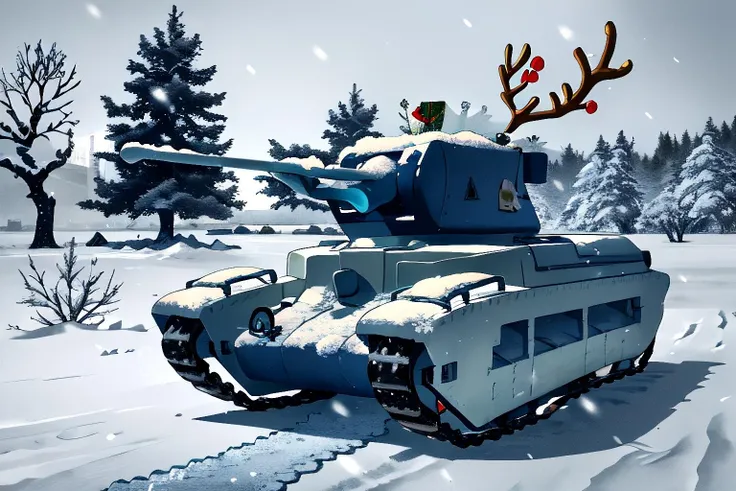matilda tank, Xmas, ice covered, snow covered, neatly wrapped , with icicles, icicles, mistletoe, red tinsel, christmas tree, decorations, presents, reindeer,
