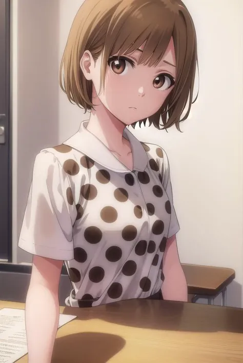 bleachyuzu, <lyco:bleachyuzu-lyco-nochekaiser:1>,
yuzu, short hair, brown hair, (brown eyes:1.5),
BREAK shirt, short sleeves, shorts, polka dot, white shorts,
BREAK looking at viewer, full body,
BREAK indoors, classroom,
BREAK <lyco:GoodHands-beta2:1>, (masterpiece:1.2), best quality, high resolution, unity 8k wallpaper, (illustration:0.8), (beautiful detailed eyes:1.6), extremely detailed face, perfect lighting, extremely detailed CG, (perfect hands, perfect anatomy),