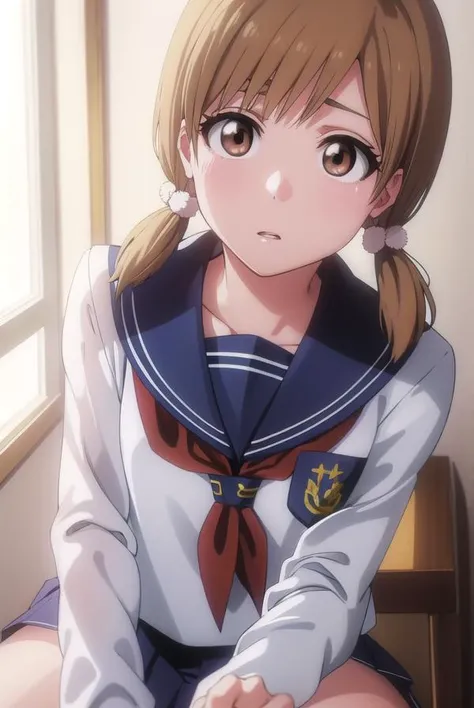 bleachyuzu, <lyco:bleachyuzu-lyco-nochekaiser:1>,
yuzu, short hair, brown hair, (brown eyes:1.5),
BREAK twintails, short twintails, school uniform, serafuku, neckerchief, red neckerchief, skirt, blue skirt, pleated skirt, long sleeves, white shirt, shirt, sailor collar, blue sailor collar,
BREAK looking at viewer, full body,
BREAK indoors, classroom,
BREAK <lyco:GoodHands-beta2:1>, (masterpiece:1.2), best quality, high resolution, unity 8k wallpaper, (illustration:0.8), (beautiful detailed eyes:1.6), extremely detailed face, perfect lighting, extremely detailed CG, (perfect hands, perfect anatomy),