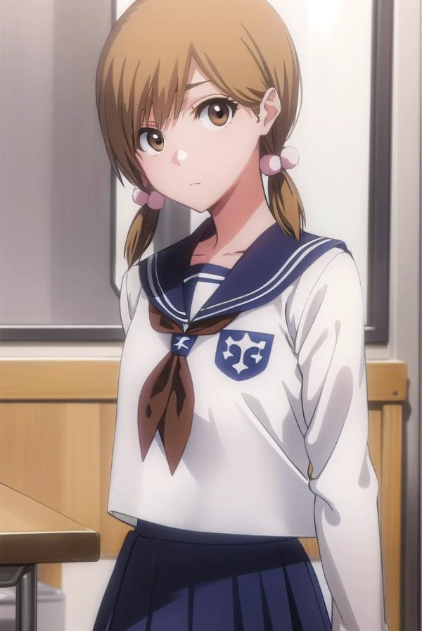 bleachyuzu, <lyco:bleachyuzu-lyco-nochekaiser:1>,
yuzu, short hair, brown hair, twintails, (brown eyes:1.5), short twintails,
BREAK school uniform, serafuku, neckerchief, red neckerchief, skirt, blue skirt, pleated skirt, long sleeves, white shirt, shirt, sailor collar, blue sailor collar,
BREAK looking at viewer, full body,
BREAK indoors, classroom,
BREAK <lyco:GoodHands-beta2:1>, (masterpiece:1.2), best quality, high resolution, unity 8k wallpaper, (illustration:0.8), (beautiful detailed eyes:1.6), extremely detailed face, perfect lighting, extremely detailed CG, (perfect hands, perfect anatomy),