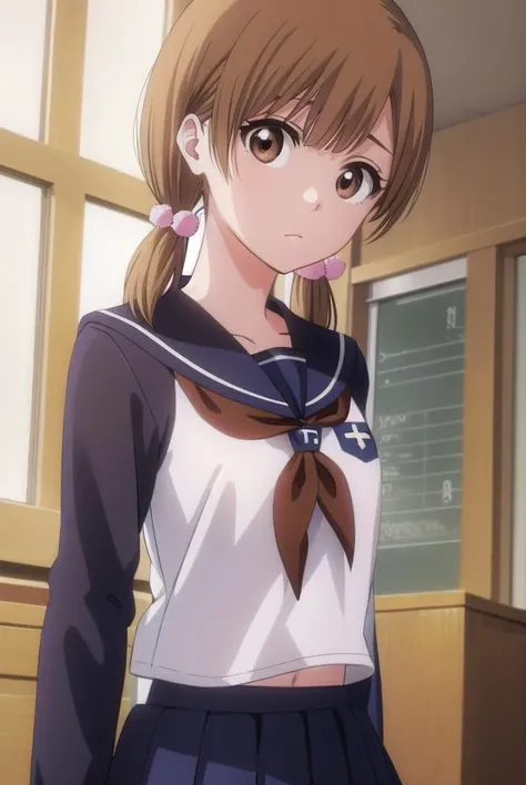 bleachyuzu, <lyco:bleachyuzu-lyco-nochekaiser:1>,
yuzu, short hair, brown hair, (brown eyes:1.5),
BREAK twintails, short twintails, school uniform, serafuku, neckerchief, red neckerchief, skirt, blue skirt, pleated skirt, long sleeves, white shirt, shirt, sailor collar, blue sailor collar,
BREAK looking at viewer, full body,
BREAK indoors, classroom,
BREAK <lyco:GoodHands-beta2:1>, (masterpiece:1.2), best quality, high resolution, unity 8k wallpaper, (illustration:0.8), (beautiful detailed eyes:1.6), extremely detailed face, perfect lighting, extremely detailed CG, (perfect hands, perfect anatomy),