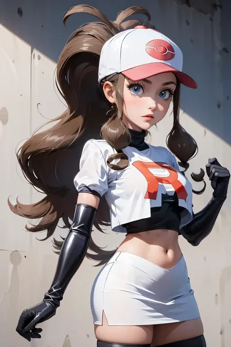 (masterpiece, best quality), 1girl,  <lora:hilda_(pokemon)_v1:1> aahilda, long hair, high ponytail, sidelocks, hat, breasts, crop top, print shirt, short sleeves, elbow gloves, black gloves, midriff, miniskirt, white skirt, black thighhighs