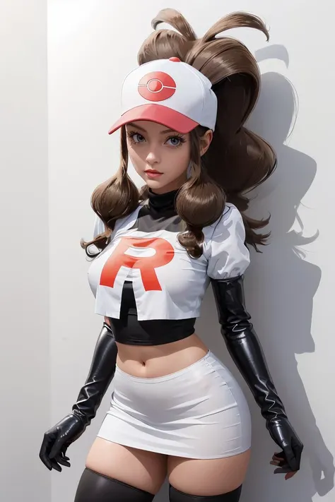 supermodel physique, perfect body,  perfect clear skin, ultra quality, masterpiece, high quality, beautiful, sexy face, pretty,  slightly toned, fit, supermodel build, sexy waist, sexy hips, perfect legs, thigh gap,  facing the camera,  rosa(pokemon), 1girl, solo, double bun, hair bun, visor cap, brown hair, blush, team rocket,team rocket uniform, red letter R, white skirt,white crop top,black thigh-highs,black elbow gloves