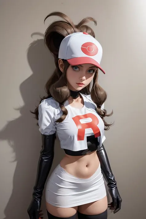 (masterpiece, best quality), 1girl, <lora:hilda_(pokemon)_v1:1> aahilda, long hair, high ponytail, sidelocks, hat, breasts, crop top, print shirt, short sleeves, elbow gloves, black gloves, midriff, miniskirt, white skirt, black thighhighs