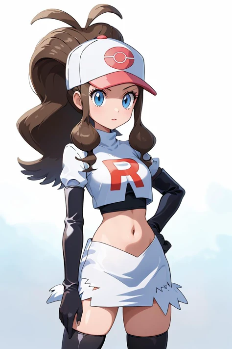 pokemonhilda, pokemonhilda, blue eyes, brown hair, long hair, ponytail, (medium breasts:1.2), BREAK baseball cap, hat, vest, wristband, cowboy shot, pussy, slutty, smile, slutty, aroused