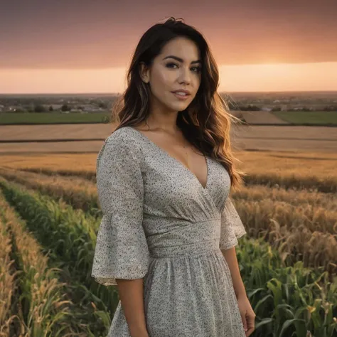 a photo of alina lopez, ohwx woman, in a field, wearing a dress, best quality, sunset, cinematic lighting <lora:alinalopezv2_SDXL:0.9>