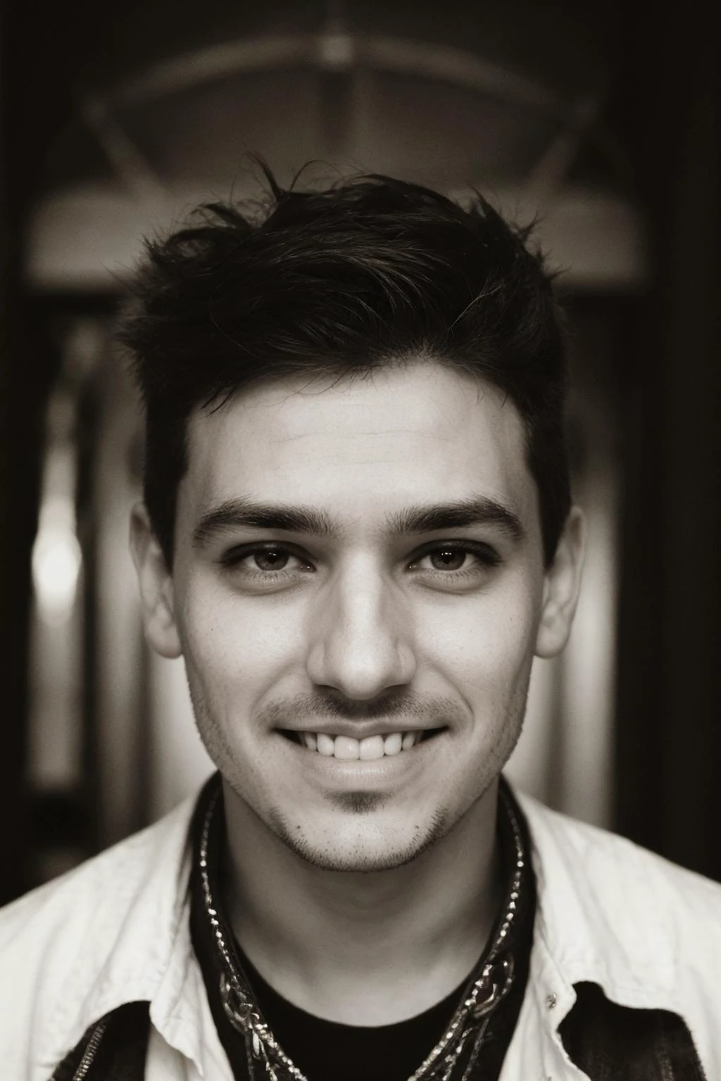 adult man, portrait, short hair, inside,(detailed eyes:0.8), (large smile:0.8), intricate details,soft lighting, punk <lora:epiCSepia:1><lora:punk:1>