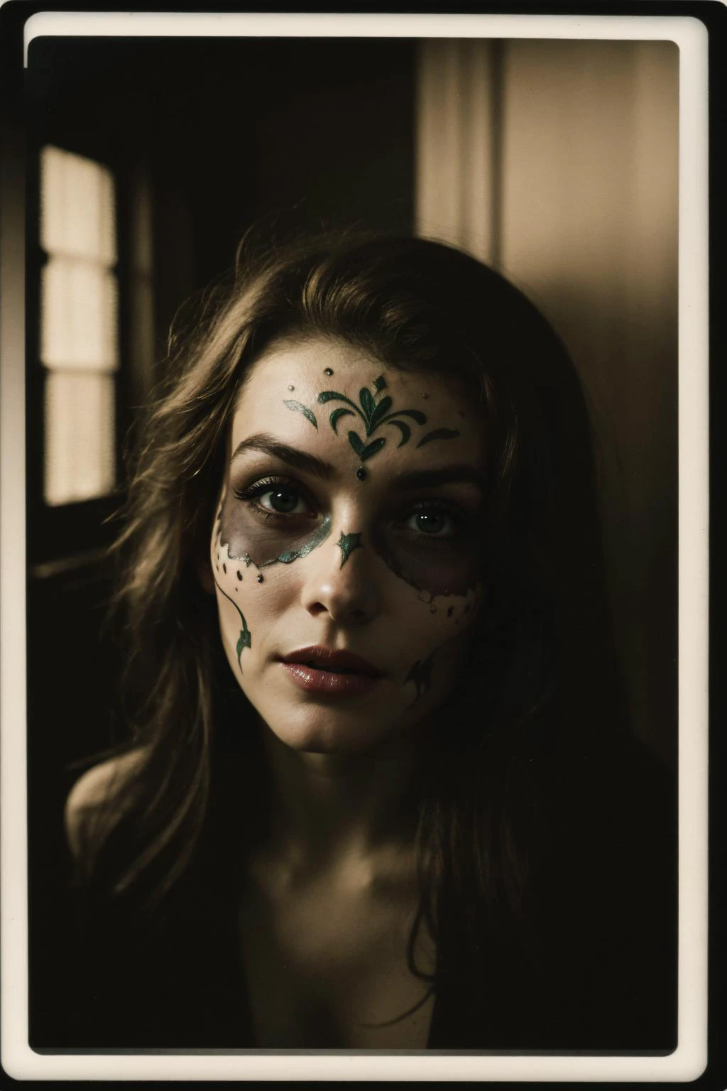 A pair of spectral eyes peering out from a dark, abandoned building., nsfw, polaroid photography, stunning blonde woman, group of women, Vintage-style homage, with an old-school, dimly lit living room and a TV flickering in the background., revealing costumes, A 'day of the dead' costume, showcasing intricate sugar skull makeup and vibrant attire, film grain, chiaroscuro <lora:epiCSepia:0.6> epiCSepia
