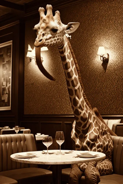 distinguished giraffe drinking in stylish restaurant, <lora:epiCSepia:1>epiCSepia