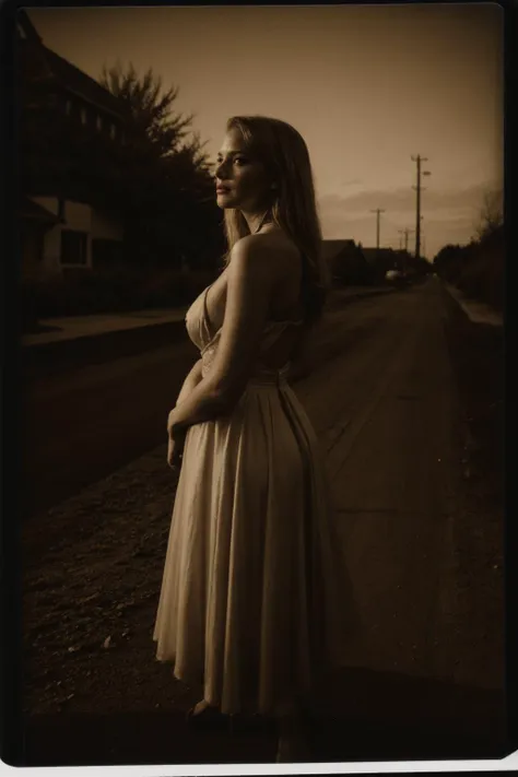 A figure bathed in a surreal, otherworldly glow, casting long, eerie shadows., nsfw, polaroid photography, stunning blonde woman, group of women, Embracing suspense with a vintage-inspired shot of a menacing, empty suburban street on Halloween evening.,  revealing costumes, 'medieval knight' costume, emphasizing armor and weaponry, film grain, chiaroscuro <lora:epiCSepia:0.6> epiCSepia