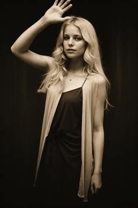 epiCSepia, blond female in a dark theme waving goodbye <lora:epiCSepia:1>
