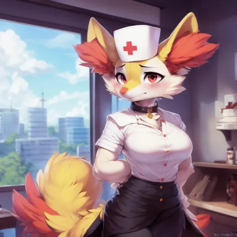 <lora:Braixen:1> uploaded on e621, explicit content, 3d, (bastika, cutesexyrobutts, hioshiru),athletic female, athletic, female, solo, braixen, black legs, Nurse, Nurse's office, hospital office, hospital, daytime, (huge breasts, natural breasts:0.8), lewd body, vagina, wet vagina, ((nurse uniform, nurse, clothes uniform,) red cross emblem), eyeshadow, eyeliner, standing, (holding dress, dress lift, panties),(collar, blush:1.2), closeup, cowboy shot, (by darkgem:0.3), (by reign-2004:0.6), (by dagasi:0.3), <lora:FurryCore:0.8>, concept art, highly detailed, (hi res),