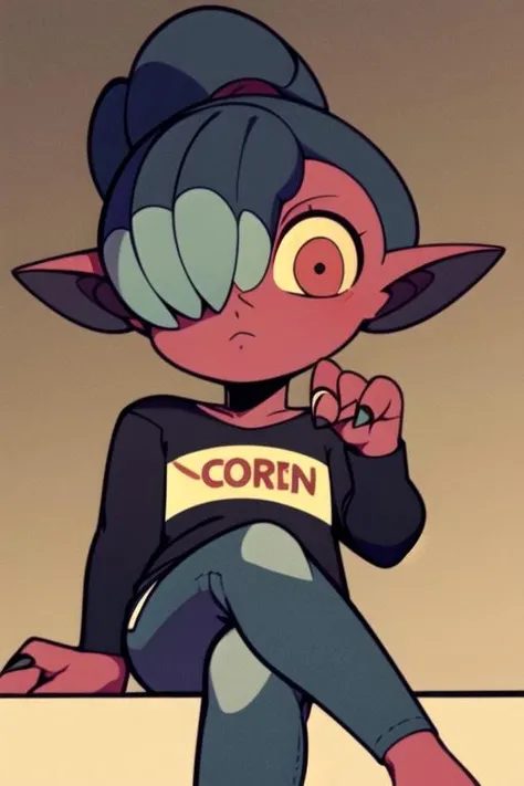 masterpiece, best quality, <lora:kikimora:0.7>  kikimora, monster girl, solo, dwarf, female child, ponytail, expressionless, pointy ears, hair over one eye, red skin, red eyes, yellow sclera, no humans, black shirt, jeans, sitting, crossed legs,