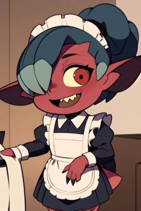 masterpiece, best quality, <lora:kikimora:0.7> kikimora, monster girl, solo, dwarf, child, ponytail, smile, open mouth, pointy ears, hair over one eye, red skin, red eyes, yellow sclera, no humans, maid, maid headdress, maid apron, long sleeves,