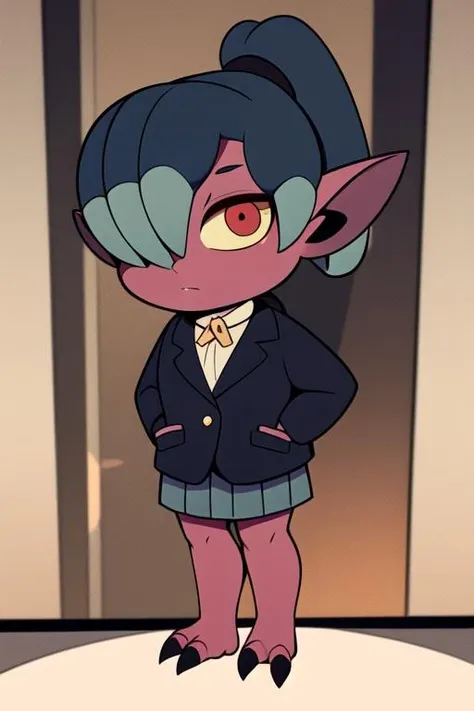 masterpiece, best quality, <lora:kikimora:0.7> kikimora, monster girl, solo, (dwarf:1.2), female child, ponytail, expressionless, pointy ears, hair over one eye, red skin, red eyes, yellow sclera, no humans, indoors, black jacket, black skirt, office lady,