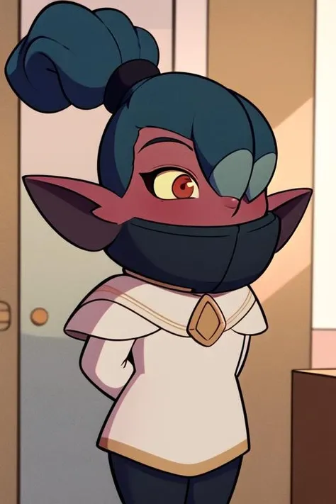 masterpiece, best quality, <lora:kikimora:0.7>  kikimora, monster girl, solo, dwarf, child, ponytail, smile, open mouth, pointy ears, hair over one eye, looking at viewer, red skin, red eyes, yellow sclera, upper body, white coat, capelet, arms behind back, black sleeves, long sleeves, indoors, no humans,  high collar, full body,