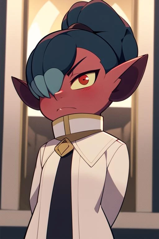 masterpiece, best quality, <lora:kikimora:0.7> kikimora, monster girl, solo, dwarf, female child, ponytail, annoyed, pointy ears, hair over one eye, red skin, red eyes, yellow sclera, no humans, white coat, high collar, black sleeves, long sleeves, arms behind back, sunlight, upper body, looking at viewer,