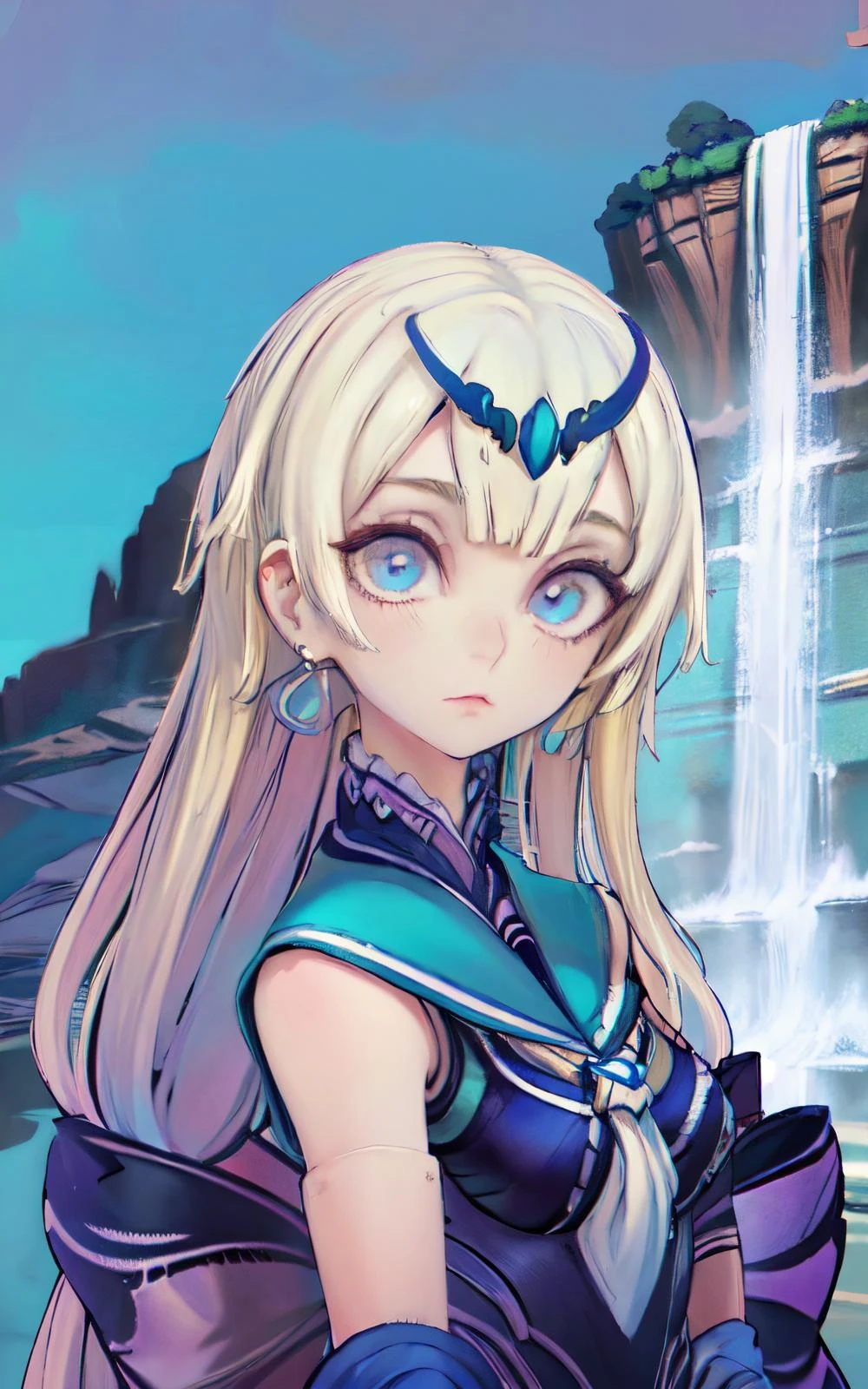 masterpiece, best quality, 1girl, solo, (((detailed eyes))), looking at viewer, colorful, darl background, bluetheme, waterfall at background, <lora:Iridescence:0.75>, <lora:Kagura-OnmyoujiMaster:1>, detailed face,