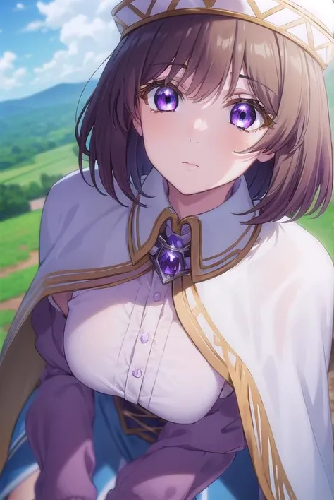 alicia <lora:Alicia Edelcia:0.9>, dress, hat, short hair, beautiful face, purple eyes, (masterpiece:1.2), best quality, absurdres, extremely detailed wallpaper, perfect lighting,