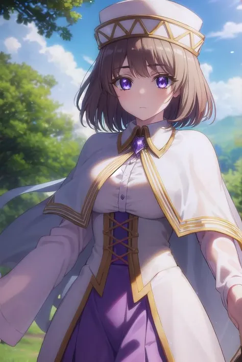 aliciaedelsia, <lora:alicia edelsia s1-lora-nochekaiser:1>,
alicia edelsia, short hair, brown hair, (purple eyes:1.1),
BREAK skirt, long sleeves, hat, capelet, detached sleeves, corset,
BREAK outdoors, nature, forest, sky, sun, clouds,
BREAK looking at viewer, (cowboy shot:1.5),
BREAK <lyco:GoodHands-beta2:1>, (masterpiece:1.2), best quality, high resolution, unity 8k wallpaper, (illustration:0.8), (beautiful detailed eyes:1.6), extremely detailed face, perfect lighting, extremely detailed CG, (perfect hands, perfect anatomy),
